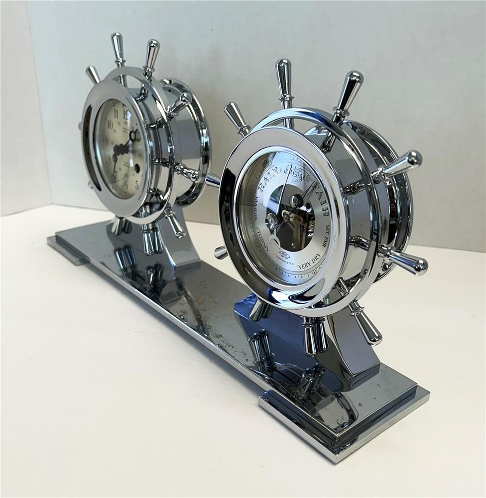 Salem Ship's Bell Clock & Barometer - Ship's Wheel Chrome Case Set