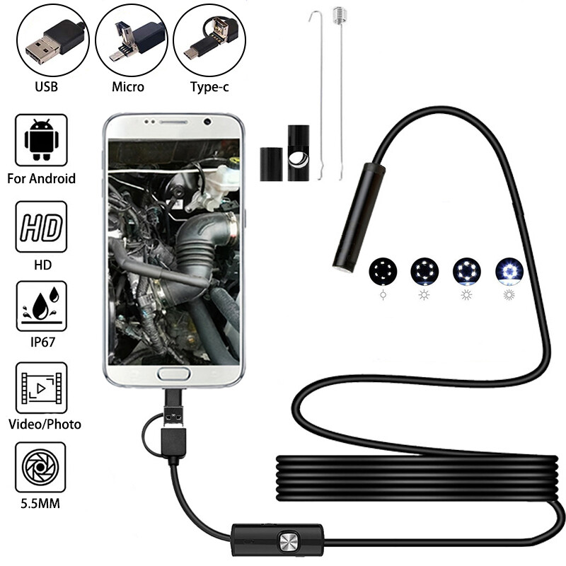 USB Type-C Endoscope Borescope Snake Inspection Camera 3 in 1 for PC Android