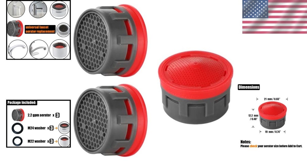 3-Pack Faucet Aerator Inserts - 2.2 GPM Flow Restrictors for Bathroom & Kitchen