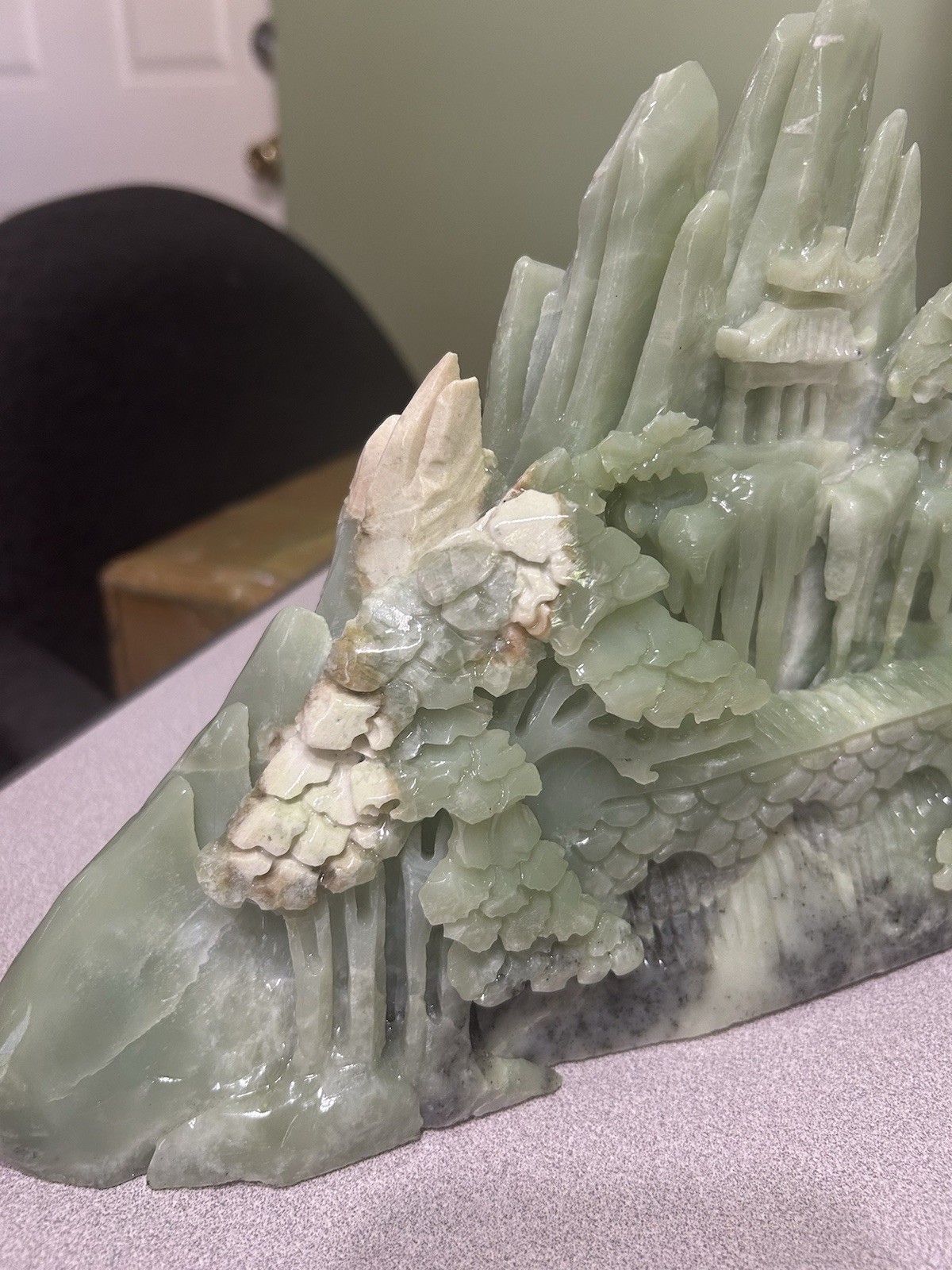 7.3LB Natural Green Jade Stone Hand Craved Landscape Crystal