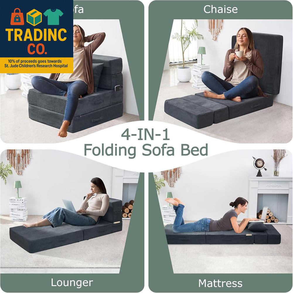 Folding Sof Bed, 4 in 1 Convertible Sleeper Chir with Pillow, Single Memory Fom