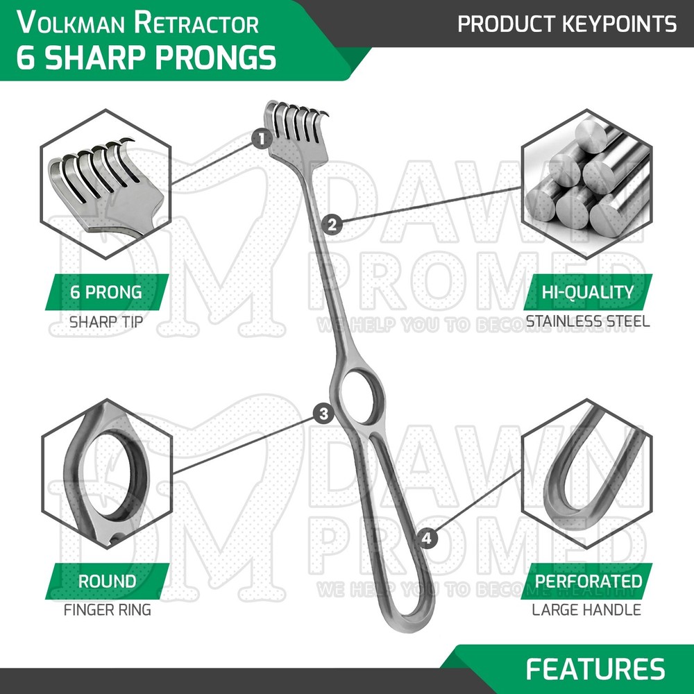 5 Pcs Volkman Retractor 8.5" 1, 2, 3, 4 & 5 Sharp Prong Surgical Instruments Set