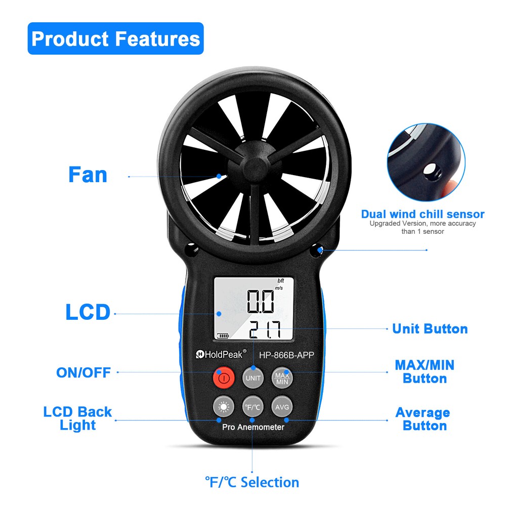 Digital Anemometer Bluetooth Wind Speed Gauge Meter 0.3-30M/s Temp Wind Chill