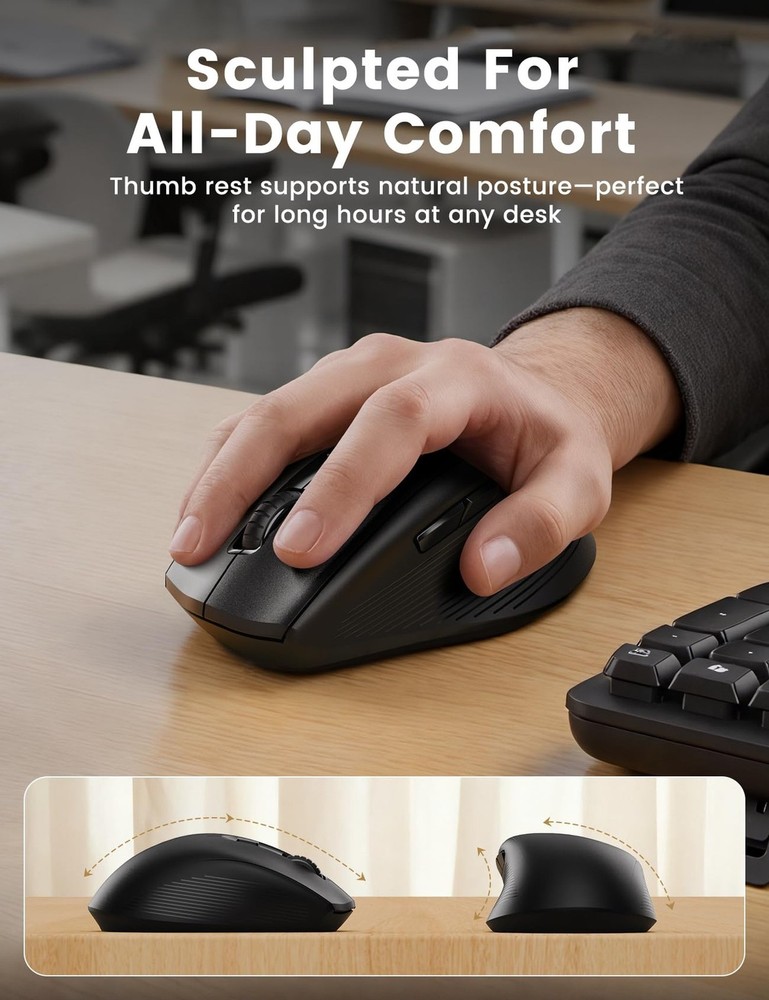 Wireless Keyboard and Mouse Combo, 30dB Quiet Ergonomic Wave Keyboard Set wit...
