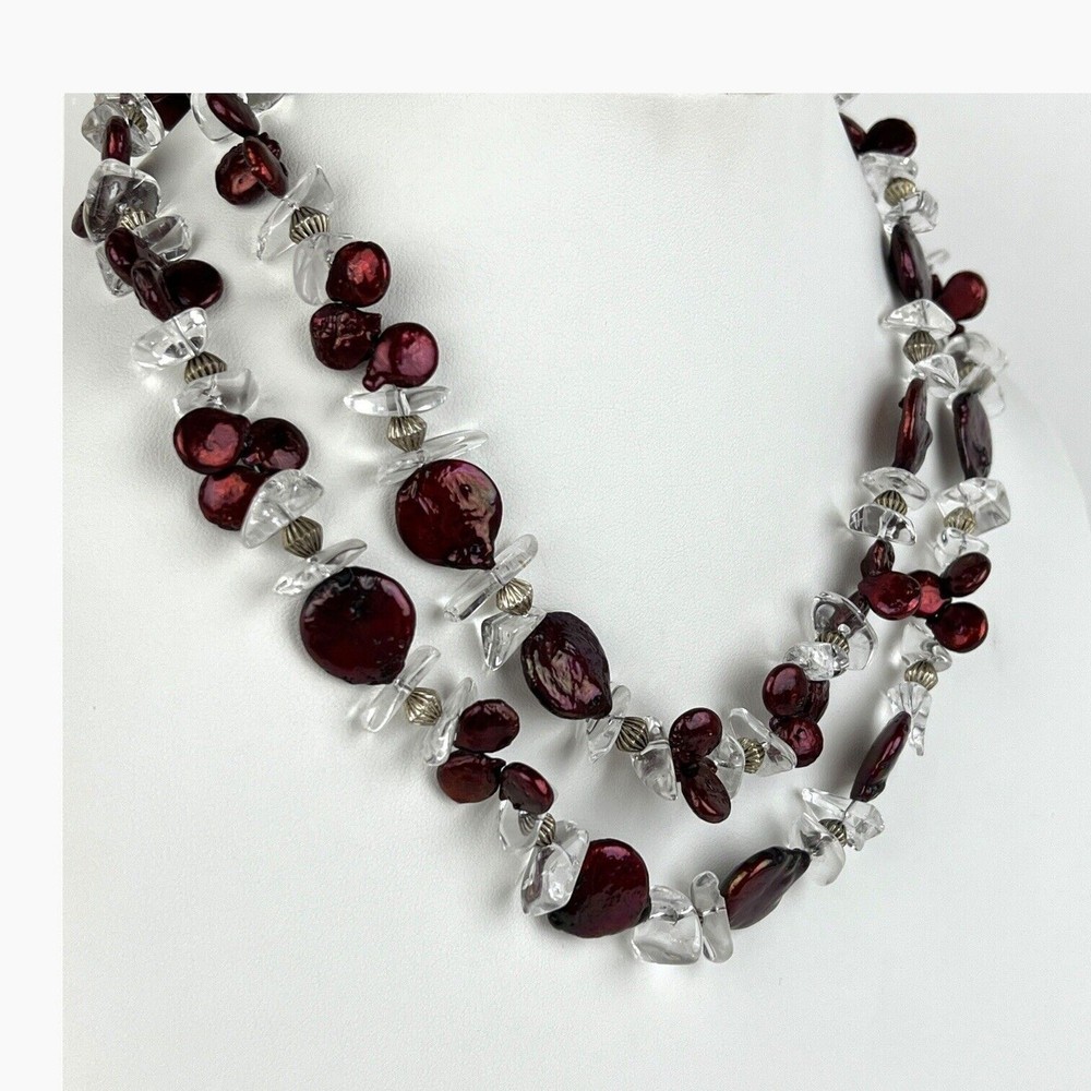 Artisan Beaded Boho Necklace Double Strand Quartz Dyed Red Shell Statement