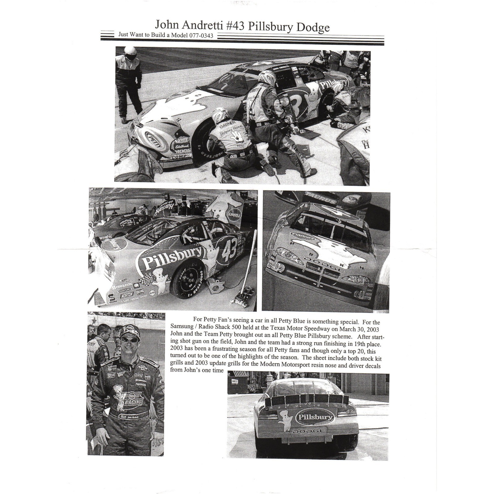 JWTBM John Andretti #43 2003 Pillsbury Dodge 1:25 Decal Set