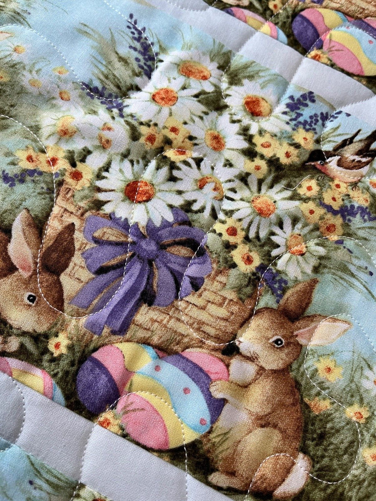Handcrafted-Quilted Table Runner - Easter Eggs, Bunnies with Flowers NEW 2026