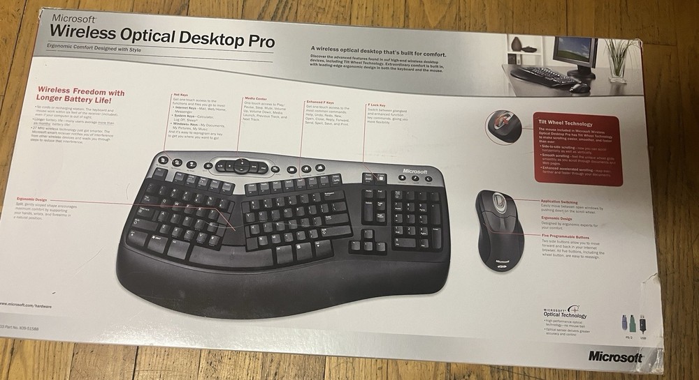 Microsoft Wireless Optical Desktop Pro Keyboard/ Mouse New
