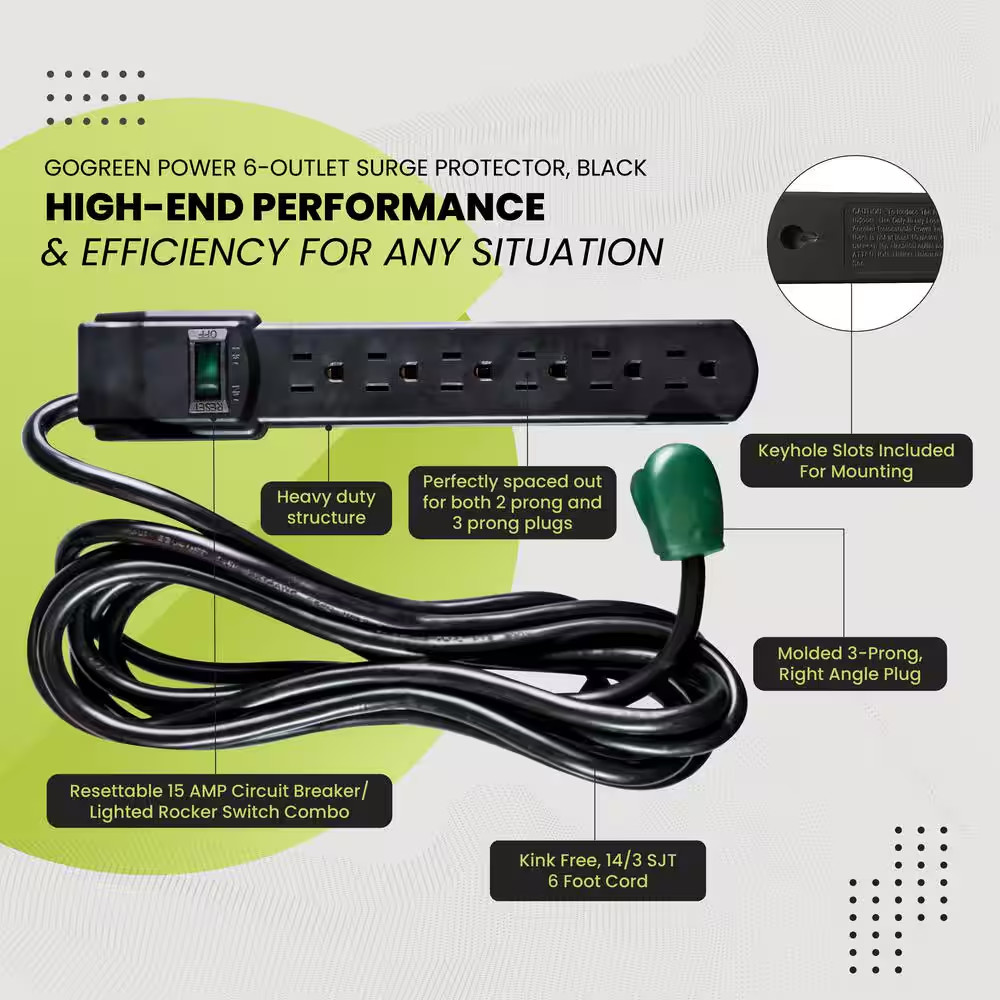 6-Outlet Surge Protector with 6 Ft. Cord, Black
