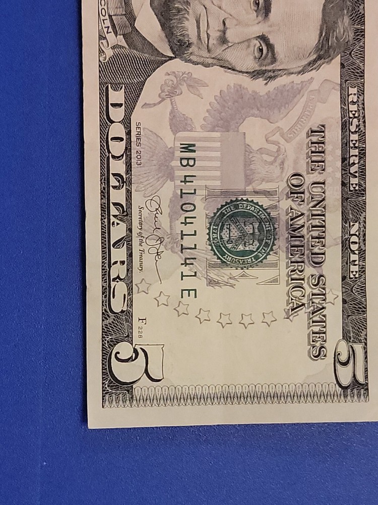 $FIVE DOLLAR BILL Trinary Repeater Fancy Serial Number with bleed through error!