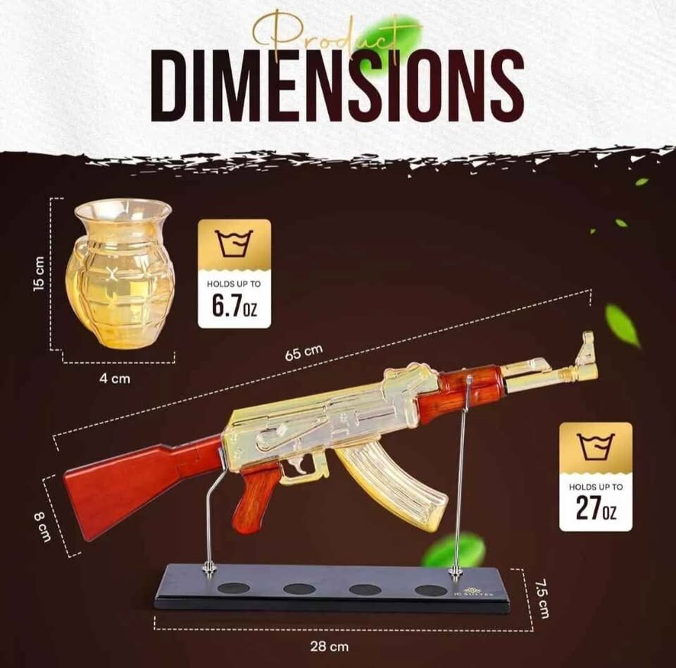 Luxury Gold AK47 Glass Gun Decanter with Grenade Glasses & Reusable Ice Cubes