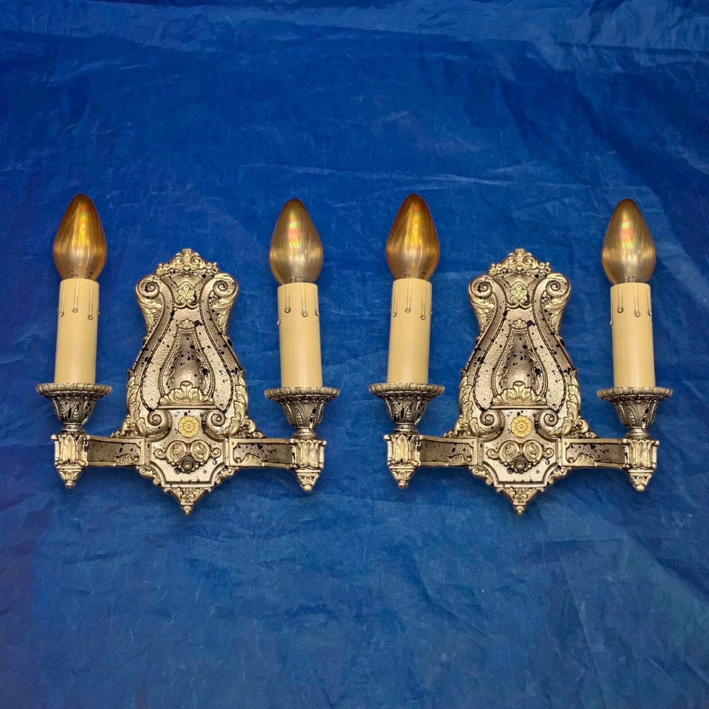 Antique Pair Polychrome Two Arm Wall Sconces Rewired Nice 107D