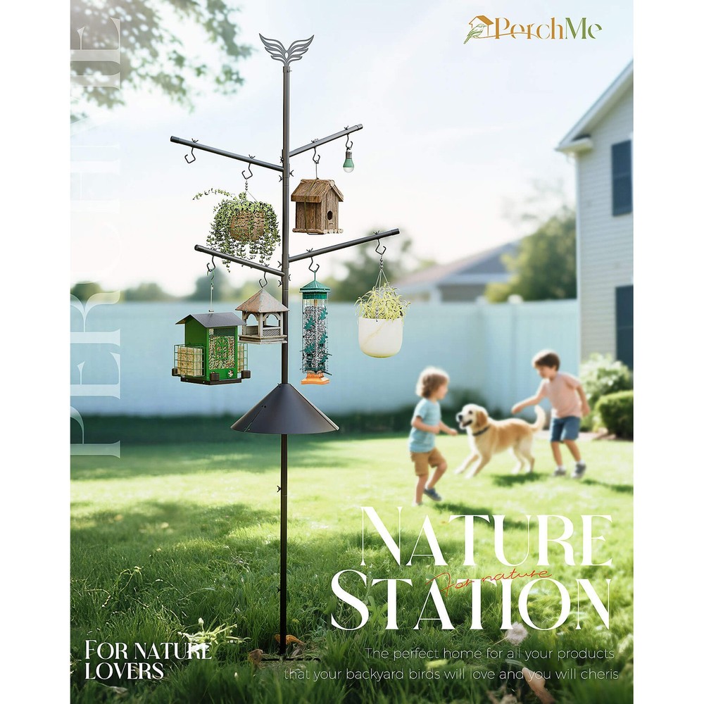 Heavy-Duty Bird Feeder Pole Station, Squirrel Baffle, Rotating Crossbars, Hooks