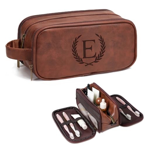 Leather Toiletry Bag for Men, Personalized Laserngraved Initials & Red Brown E
