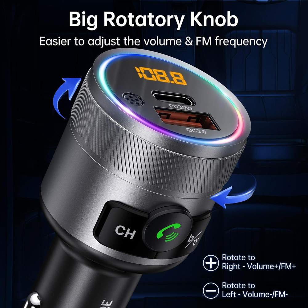 Bluetooth 5.4 FM Transmitter for Car, 38W PD&QC3.0 Dual USB Charging Bluetooth C