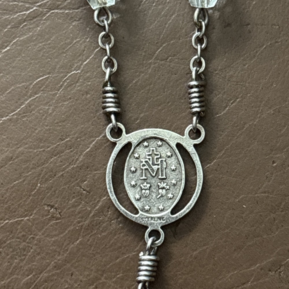 Vintage AP Sterling Miraculous Medal Catholic Crystal & Silver Bead Rosary