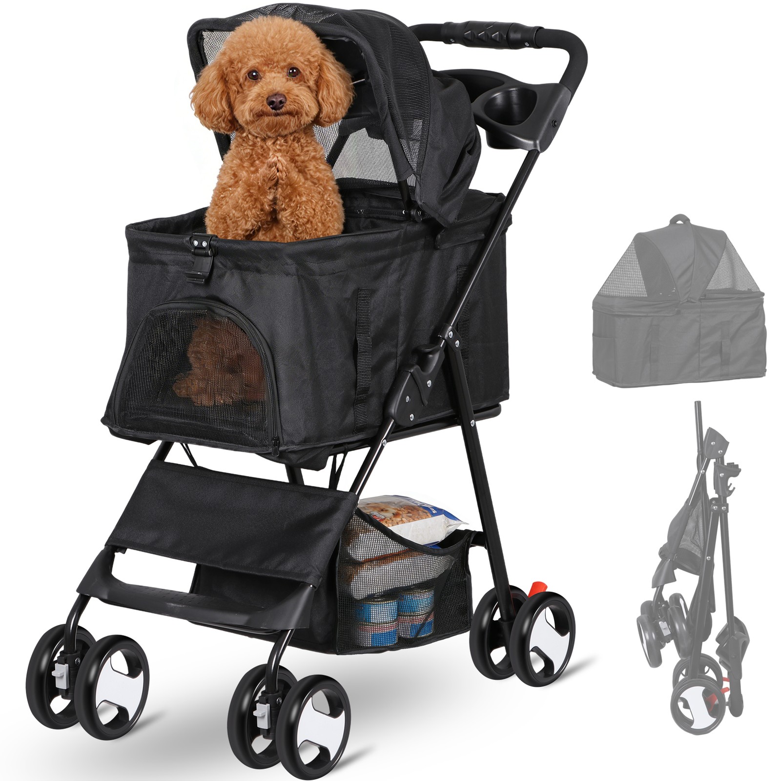 Pet Stroller Foldable Dog Cat Jogger Stroller w/4 Wheels Detachable Basket Black
