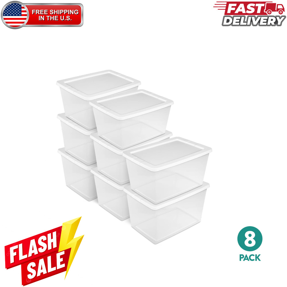 58 Qt Storage Box 8 Pack Clear Plastic Bin, White Snap Lid Stackable