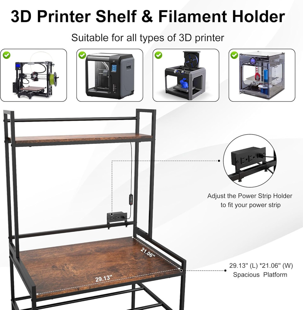 Heavy Duty 3D Printer Stand with LED Light & Filament Storage - Black