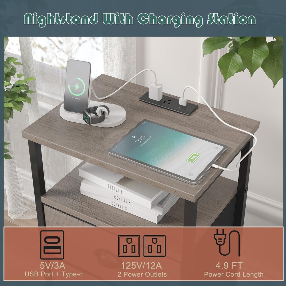 Nightstand Charging Station LED 3 Fabric Drawers Side Table Grey Open Shelf
