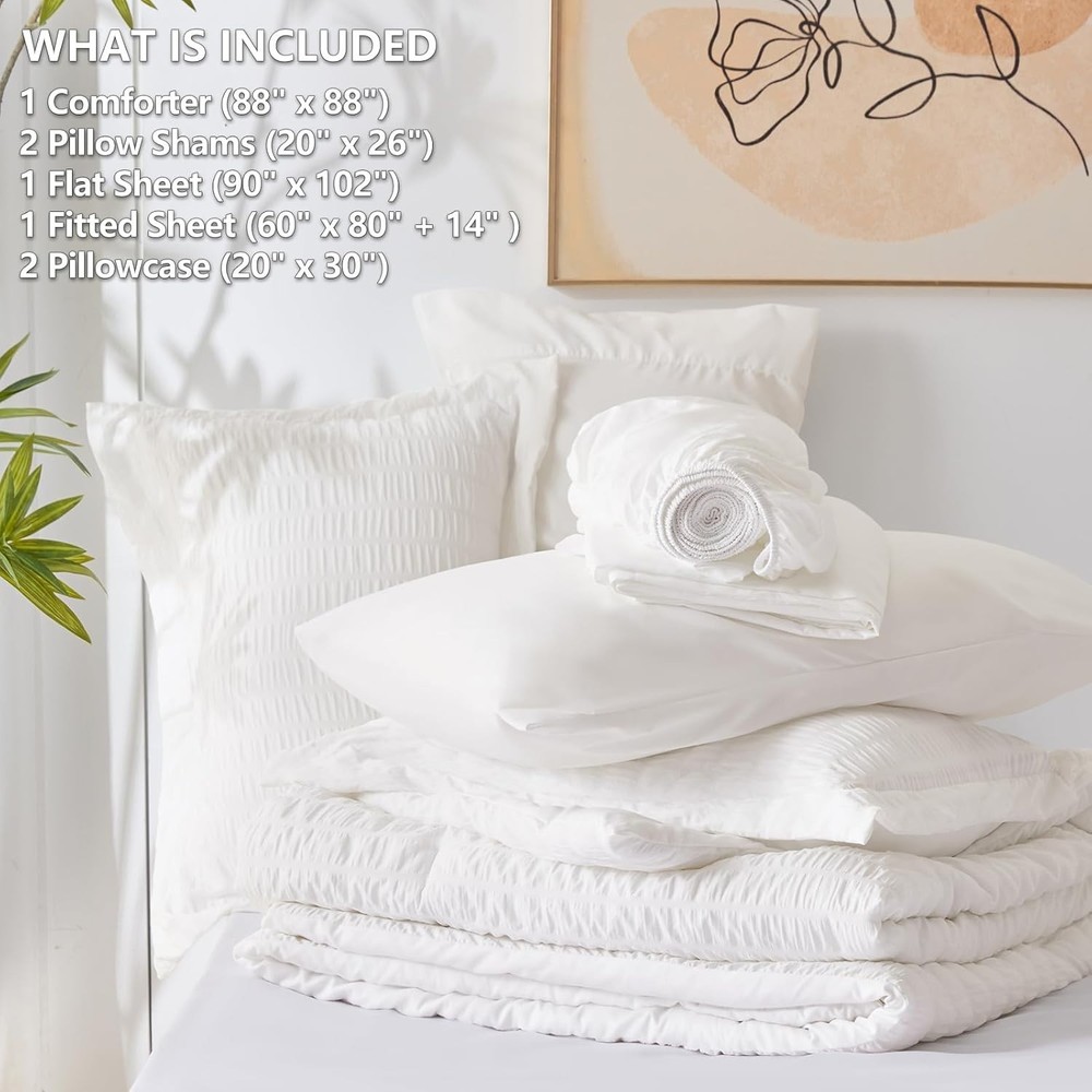 White Seersucker Queen Comforter Set 7 Pieces