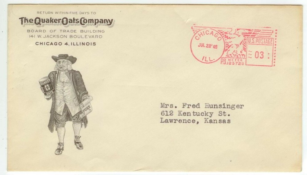 1948 Chicago Illinois Quaker Oats Co meter machine cancel