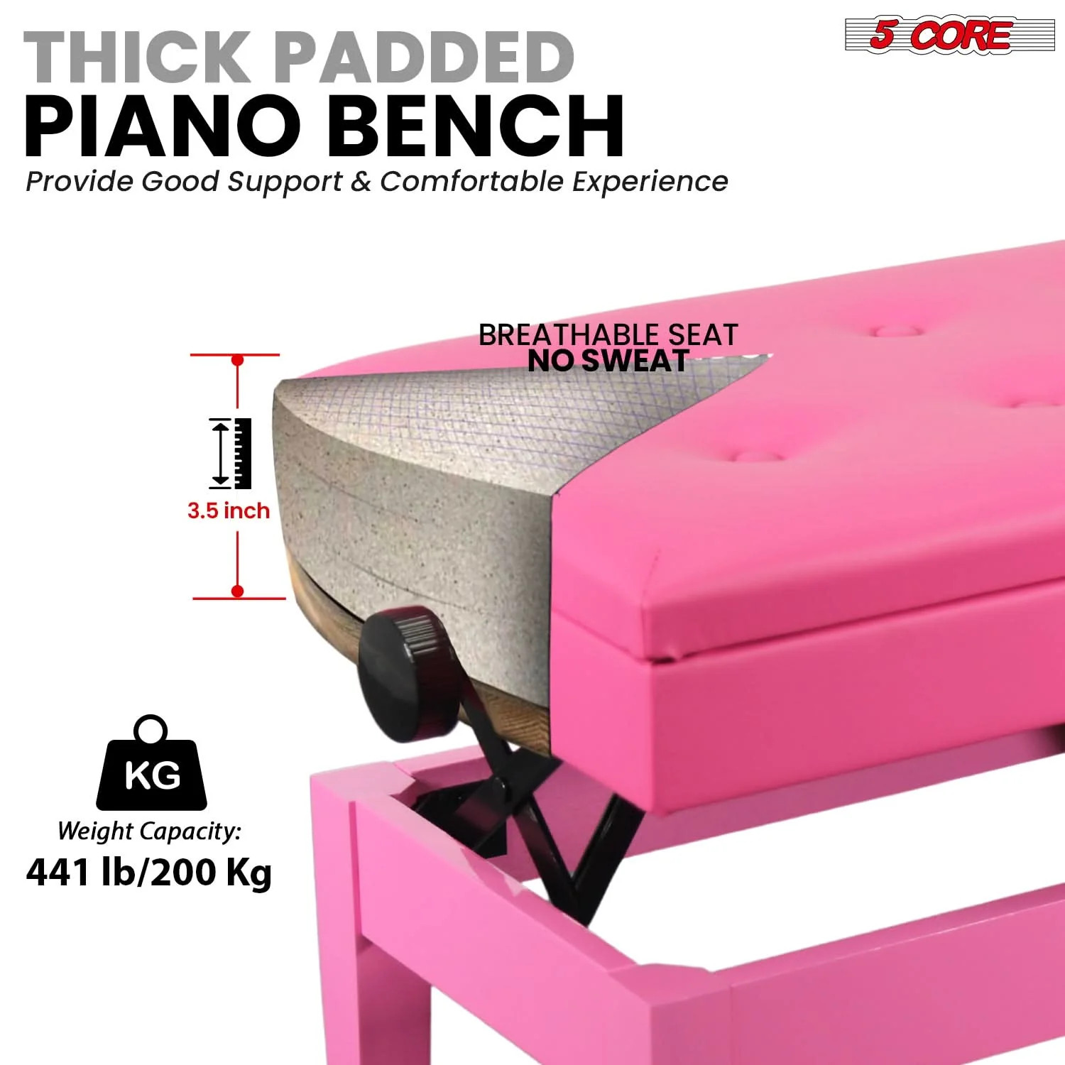 5 Core Duet Piano Bench 3.5 Inch Padded Cushioned Stool Wooden Musician Chair