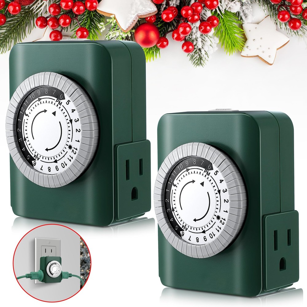 Dunkive 24 Hour 2 Grounded Outlets Mechanical Outlet Timer for Green