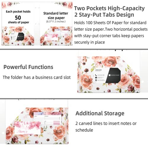 Folders with Pockets, Waterproof Plastic Folder with Two Fixed Corner Flowers