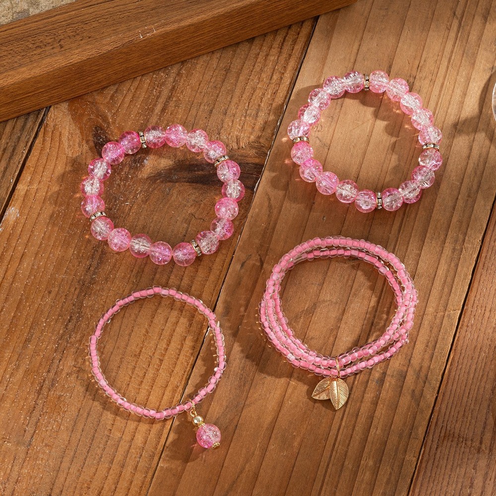 Boho Leaf Charm Bracelet Multi Layer Stackable Seed Bead Pink Stone Jewelry Wome
