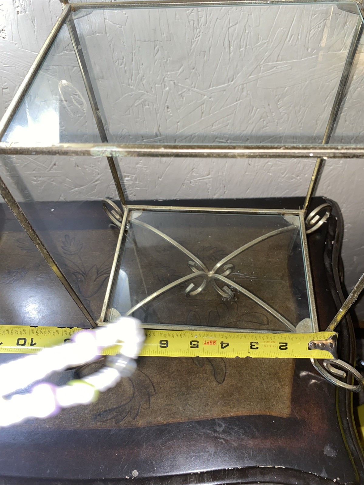 Vintage Two Tiered Shelf Brass Metal Frame With Two Glass Shelves Free Standing