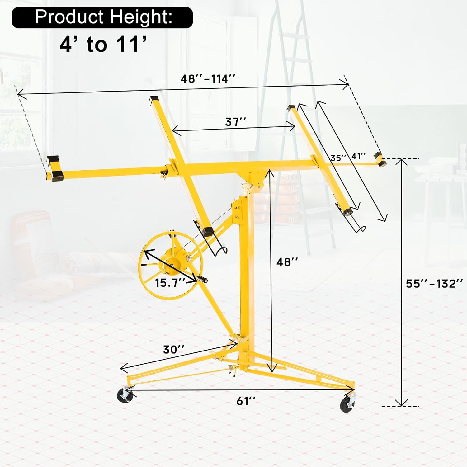 11Ft Drywall Lifter Sheetrock Hoist Lift Adjustable arm & Lockable Wheels