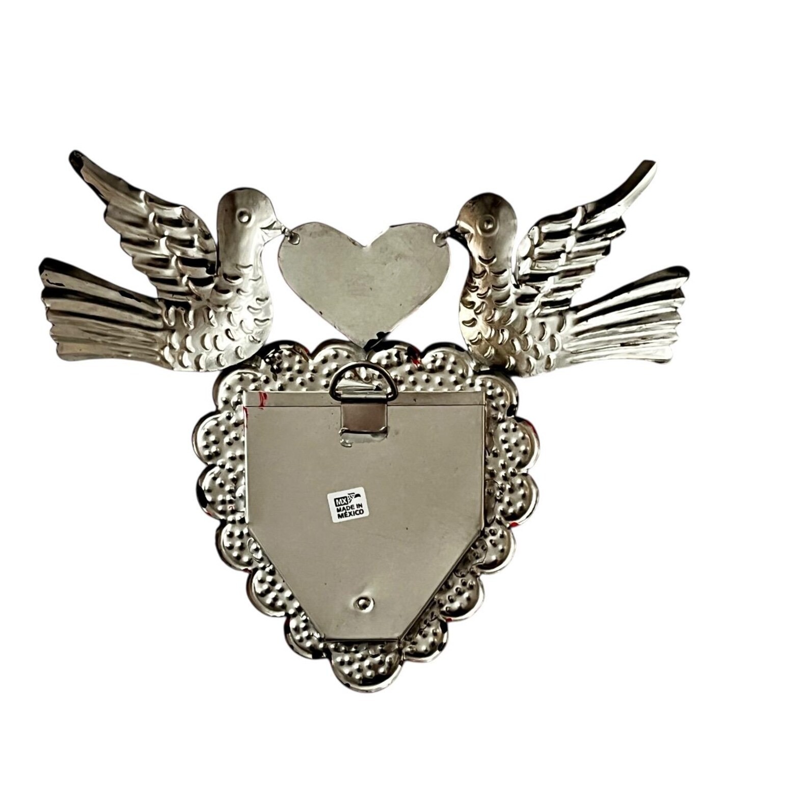 Tin HEART MIRROR, Small Corazon with Doves, Sacred Heart, Mexican Punched Tin