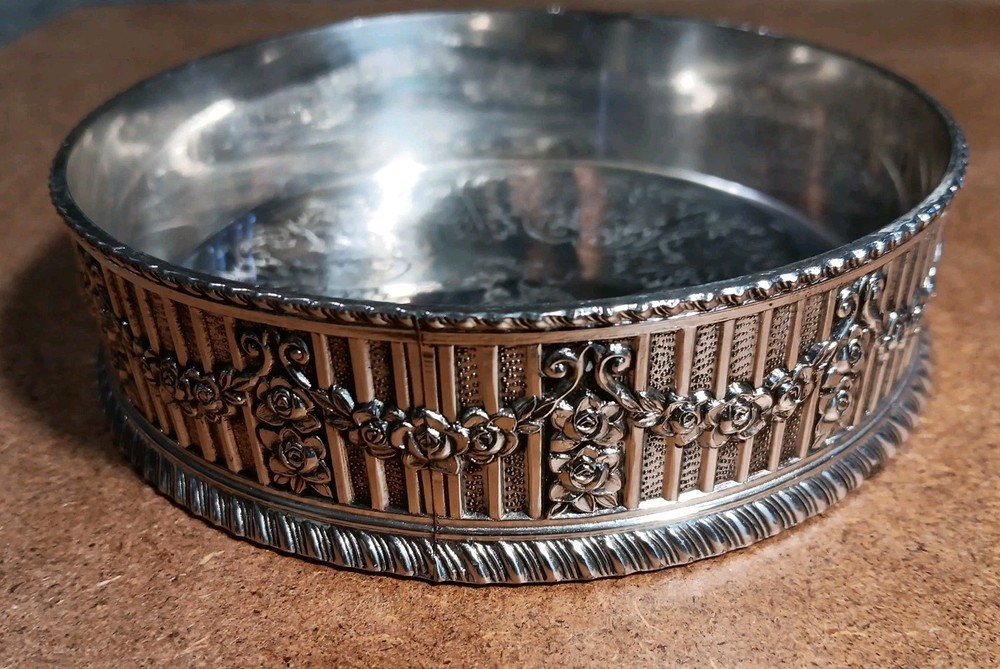 VINTAGE Silver Plate Etched Wine Bottle Holder Coaster 4.75" - From Japan