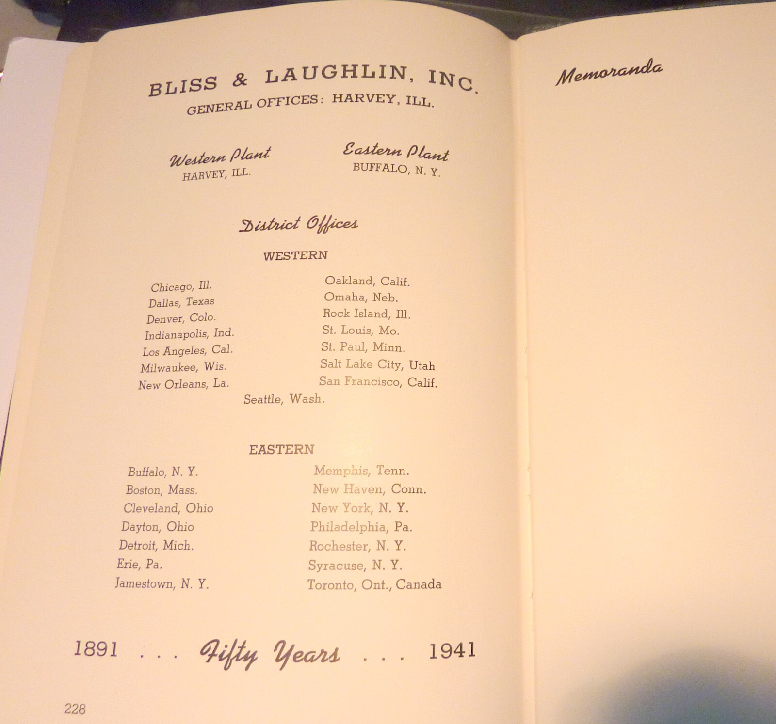 1941 BLISS LAUGHLIN INC COLD FINISHED BAR STEELS 50 YEARS BOOK STEEL US HISTORY