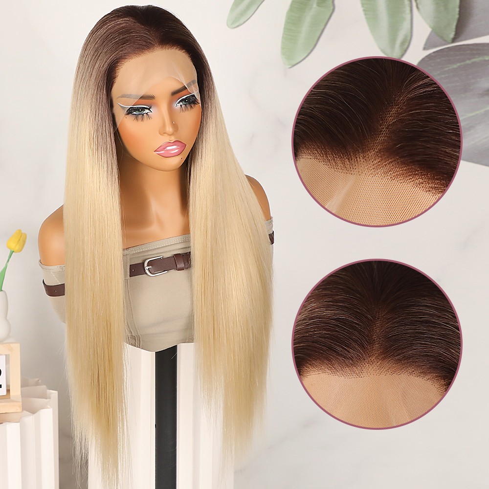 Ombre Brown Blonde Synthetic Lace Front Wigs Long Straight Hair Heat Safe Women