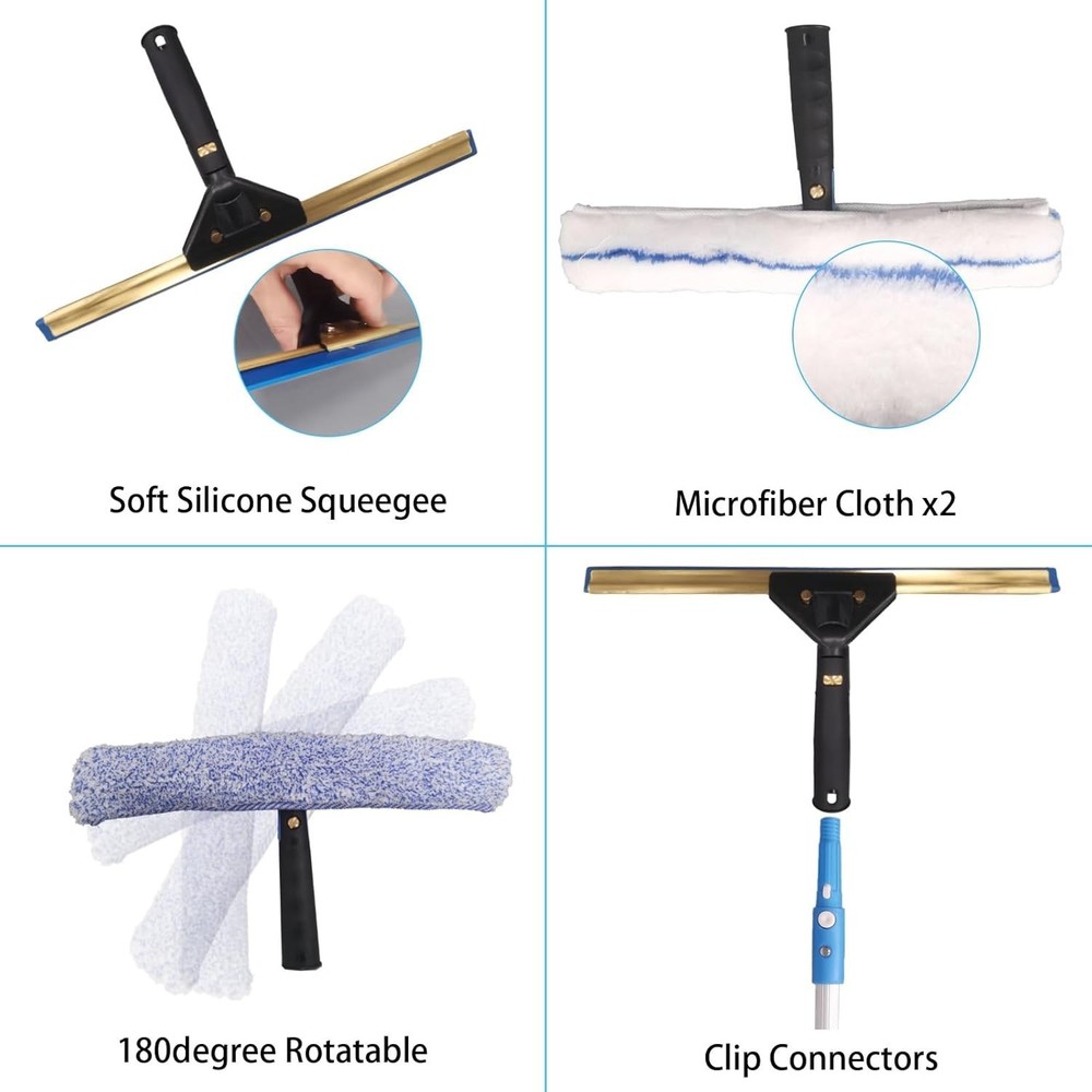 Effortless Clean Squeegee Kit with Adjustable Pole & Microfiber Cloths Inside
