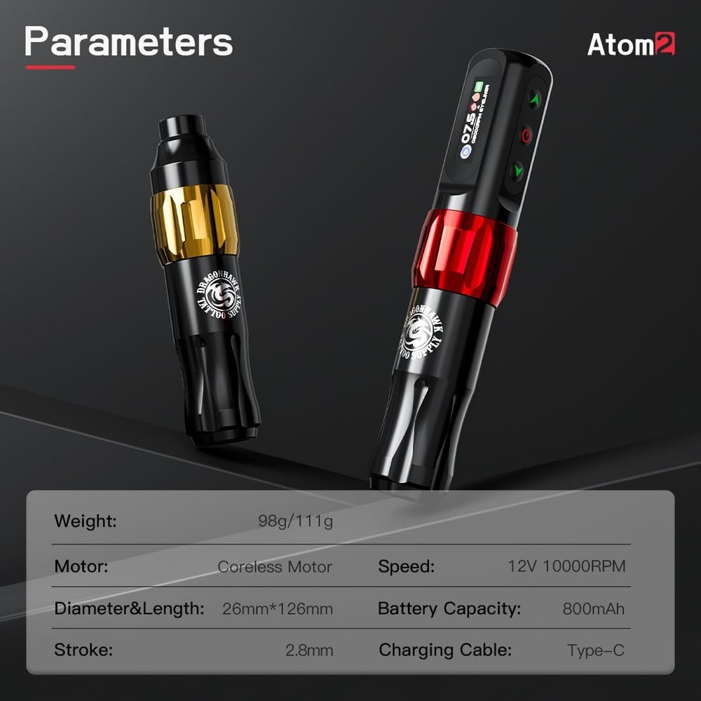 Dragonhawk Atom2 Tattoo Kit Wireless Pro Gun Machine 20