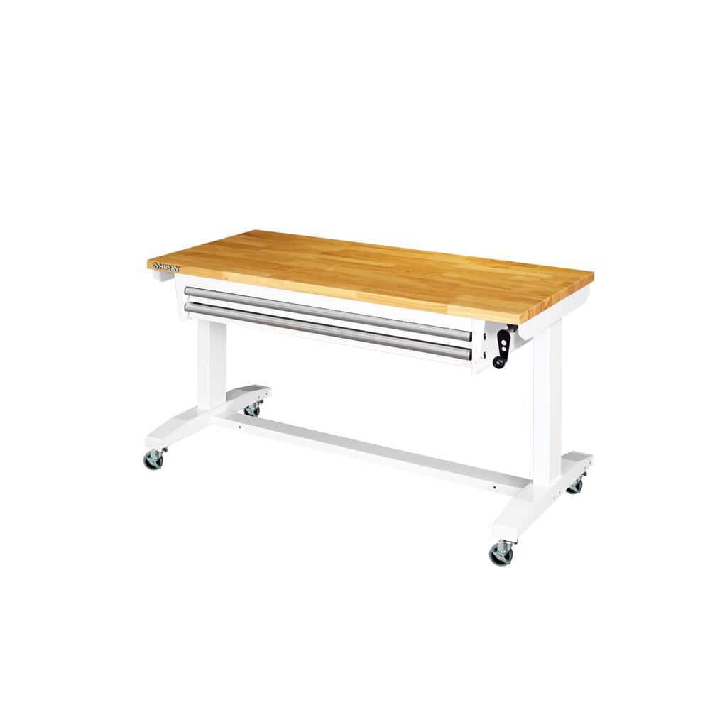 Husky Adjustable Height Workbench Table 52" Solid Wood Top 2-Drawer Steel Frame