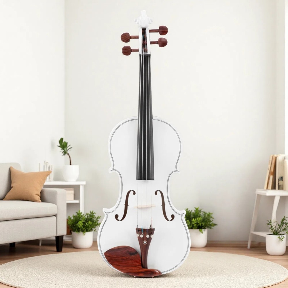 4/4 Solid Spruce Top Acoustic Beginner Violin Set - Tuner, White, Shoulder Rest