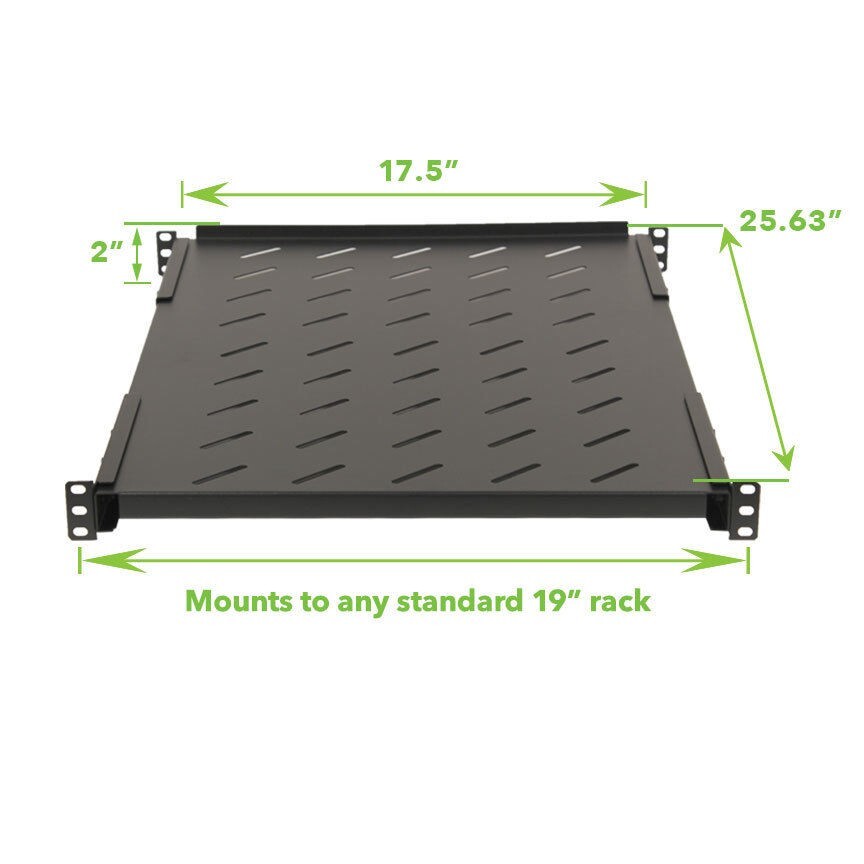 1U Fixed Vented Server Shelf 19" 4 Post 16in - 37in Adjustable Rack Mount Black