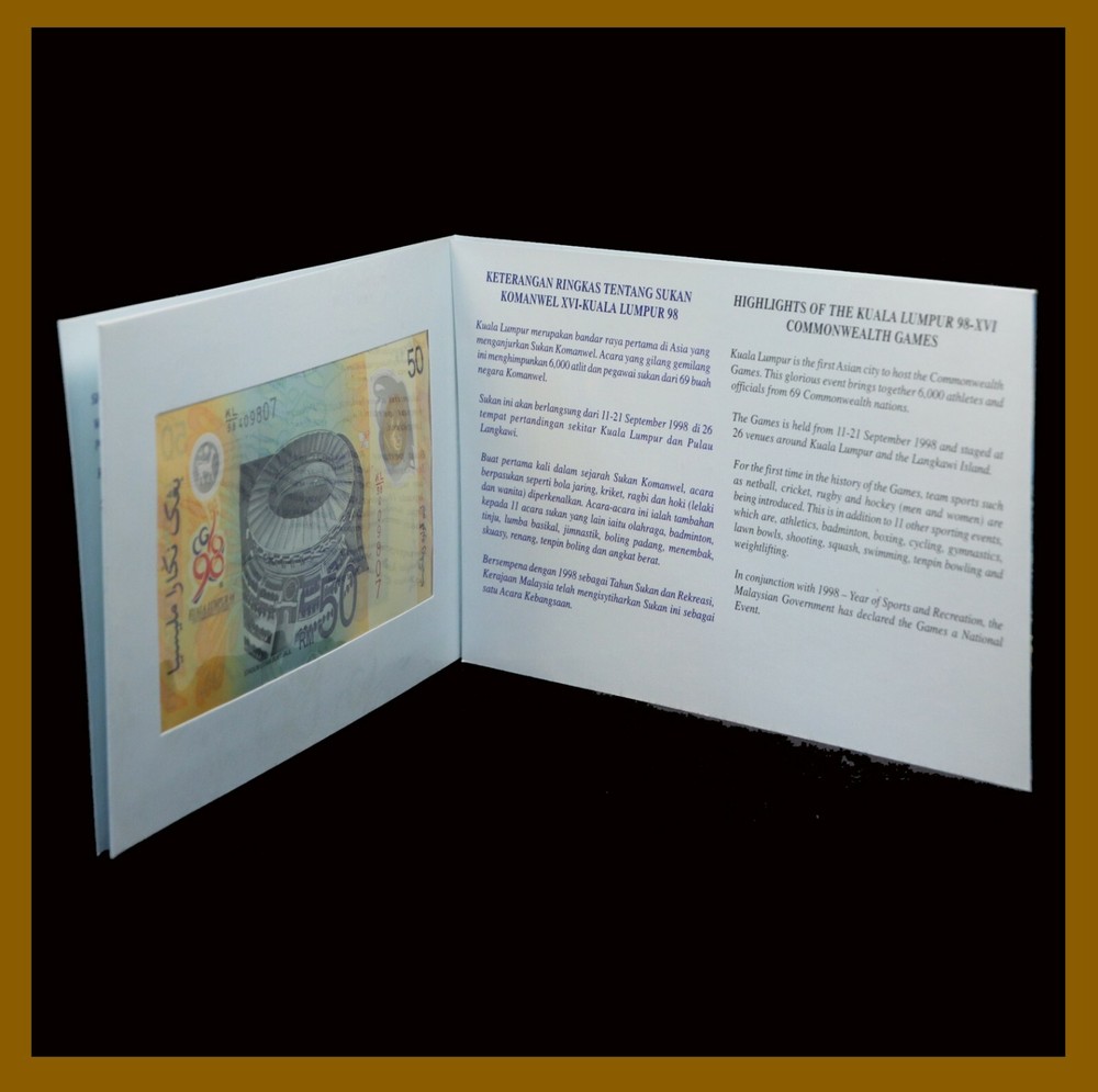 Malaysia 50 Ringgit in Folder, 1998 P-45 Commemorative Commonwealth Games UNC