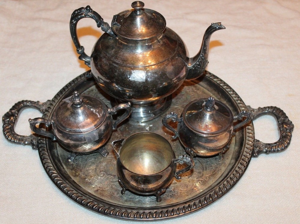 Leonard Silverplate Silver on Copper Teapot Creamer Sugar Bowl Tray Set