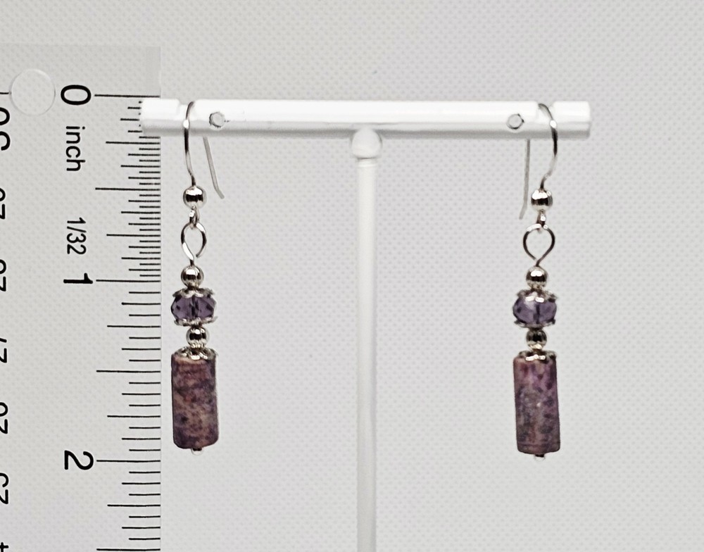 Purple Lepidolite Gemstone Beaded Handmade Silver Dangle Boho Earrings