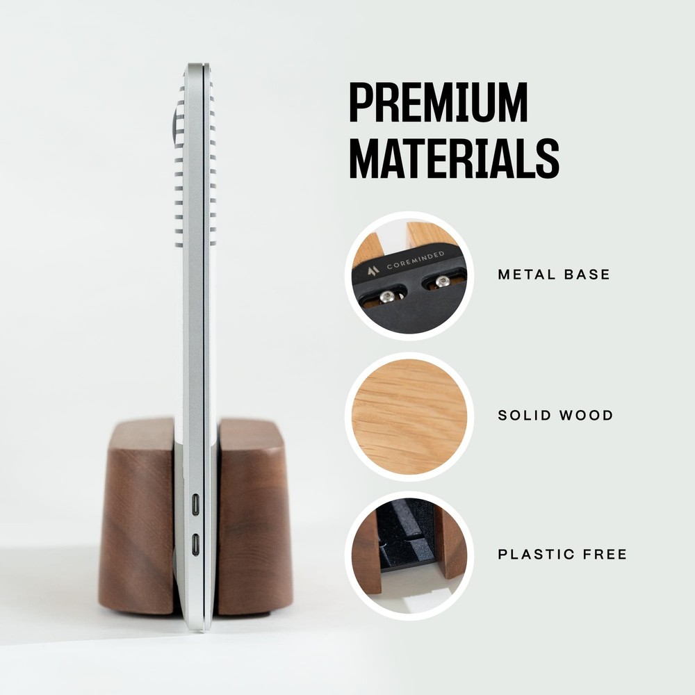 COREMINDED Adjustable Vertical Laptop Stand for Desk, Single, Solid Walnut