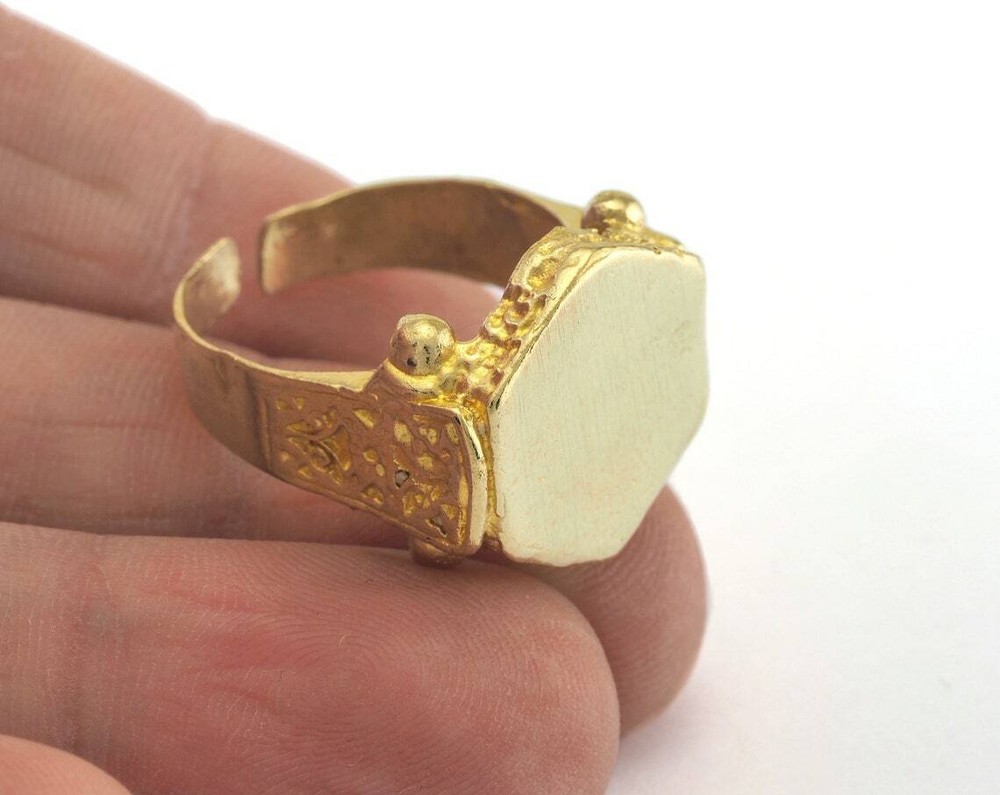 Hexagonal Ring Bezel Blank Base Settings Adjustable Raw Brass 10US size 4423