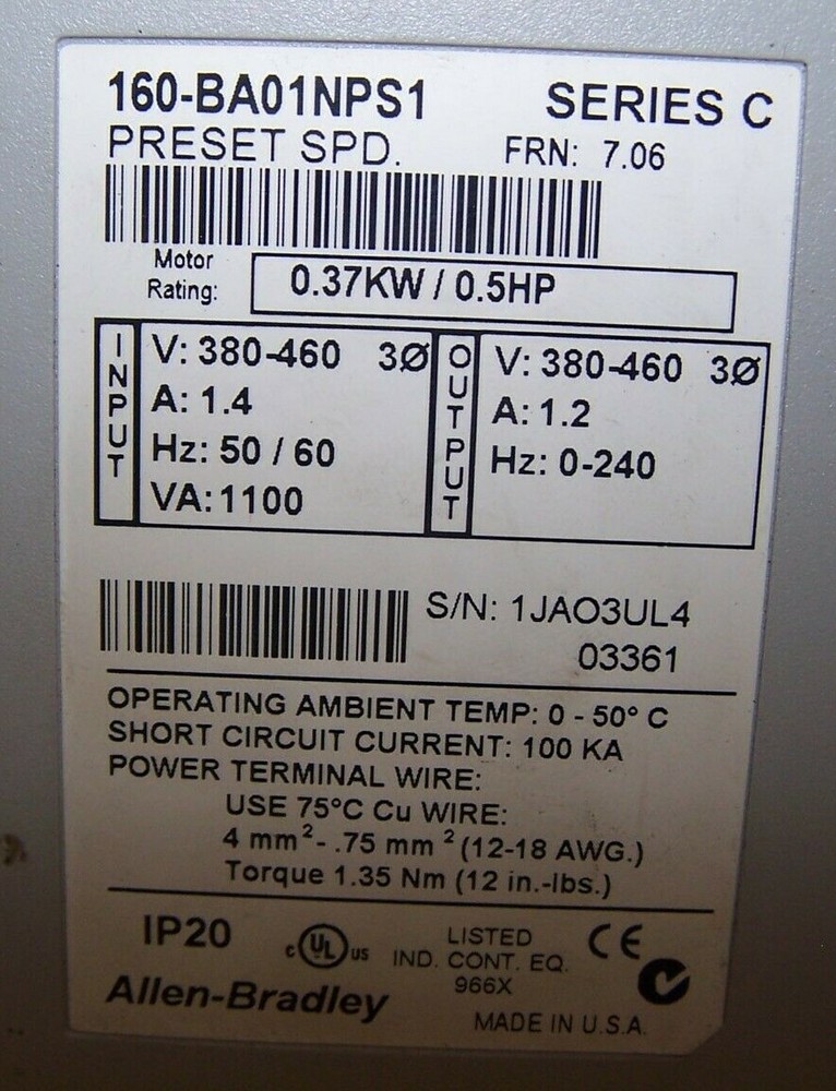ALLEN BRADLEY .5 HP AC VARIABLE SPEED CONTROLLER VFD 460 VAC 160-BA01NPS1