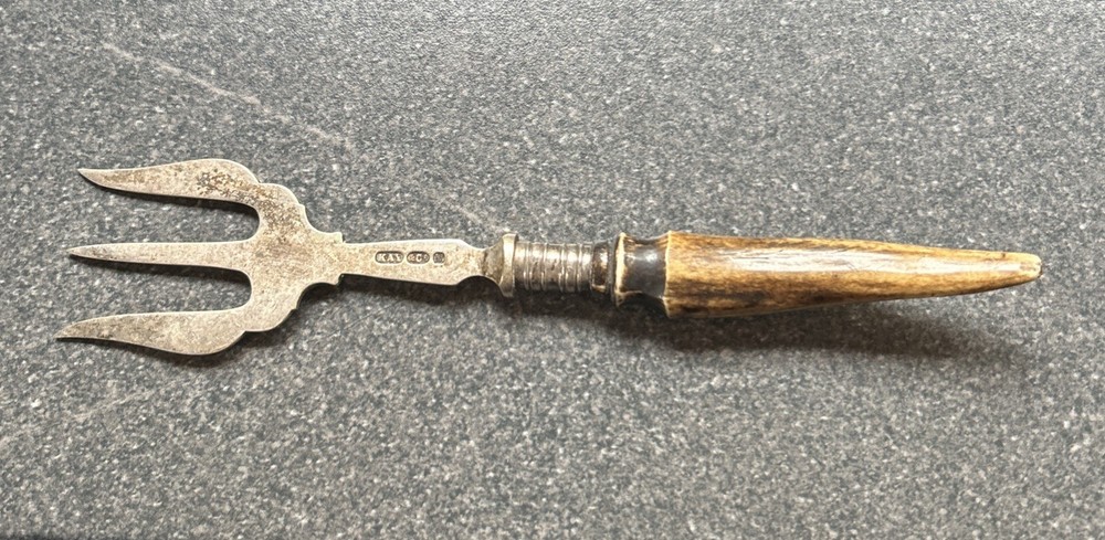Antique Serving Fork  Polished Horn Handled Silver Plate  KAY & Co.