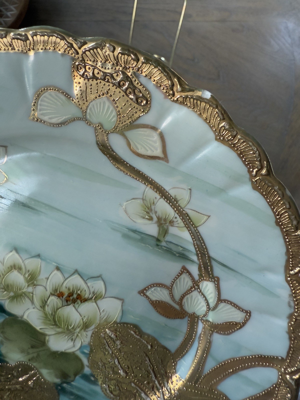 Vintage Hand Painted Nippon Water Lily Heavily Beaded Raised Gold Gild Plate