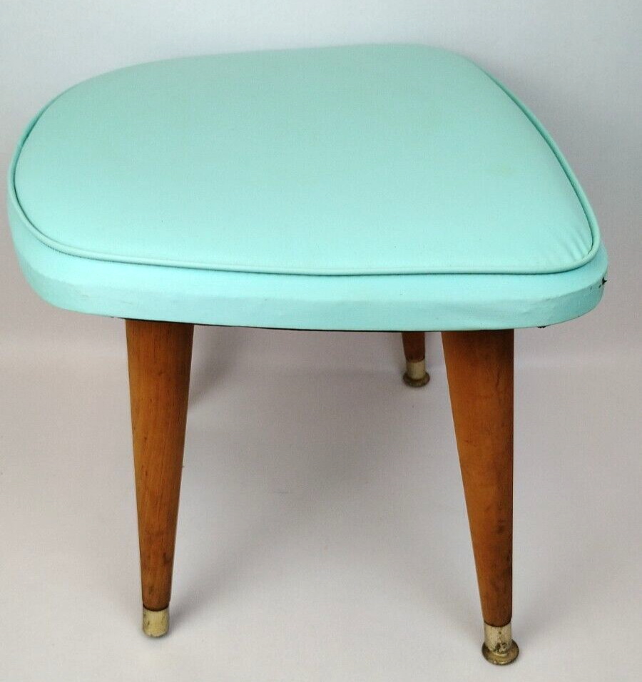 1963 Daystrom Atomic MCM Aqua Blue Vinyl Foot Stool 14" Tapered Peg Leg Gold Tip